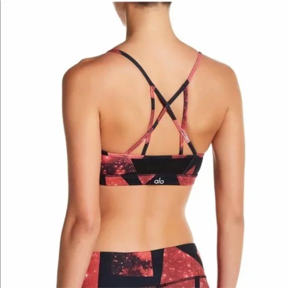 ALO Goddess Sports Yoga Bra | Strappy Back Red Black Galaxy Print Sexy Gym wear - Picture 2 of 4